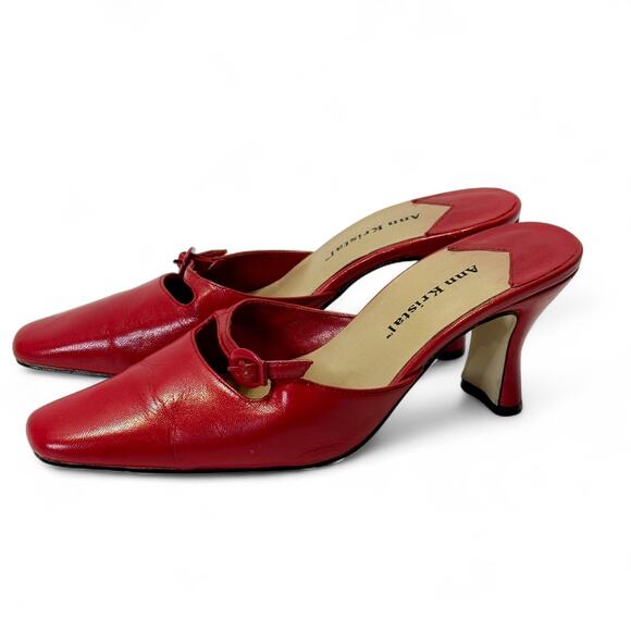 Ann Kristal Red Leather Mules Heels 6M Buckle Vamp 2.5” Retro Y2K Block Heel - Picture 5 of 8